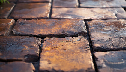 Detailed view of a crack in brick pavers highlighting wear and aging in a stone pathway or patio setting