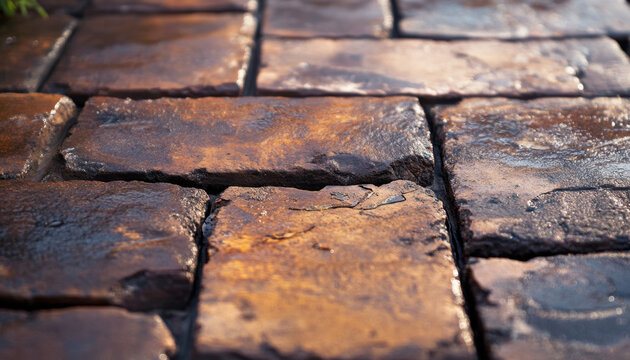 Detailed view of a crack in brick pavers highlighting wear and aging in a stone pathway or patio setting - Powered by Adobe