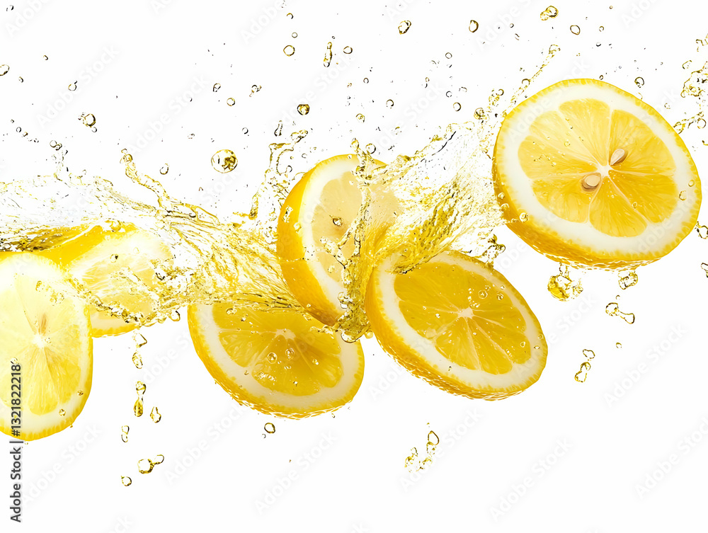 Poster fresh lemon slices splash into clear water, creating a refreshing and vibrant scene ideal for culina