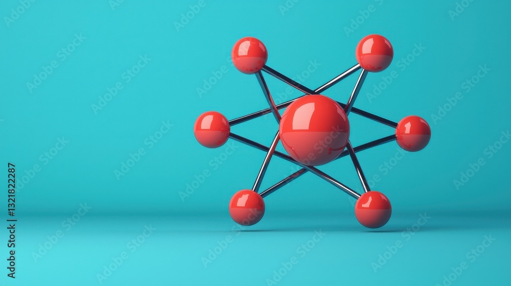 Poster abstract representation of molecular structure with red spheres on sleek turquoise background