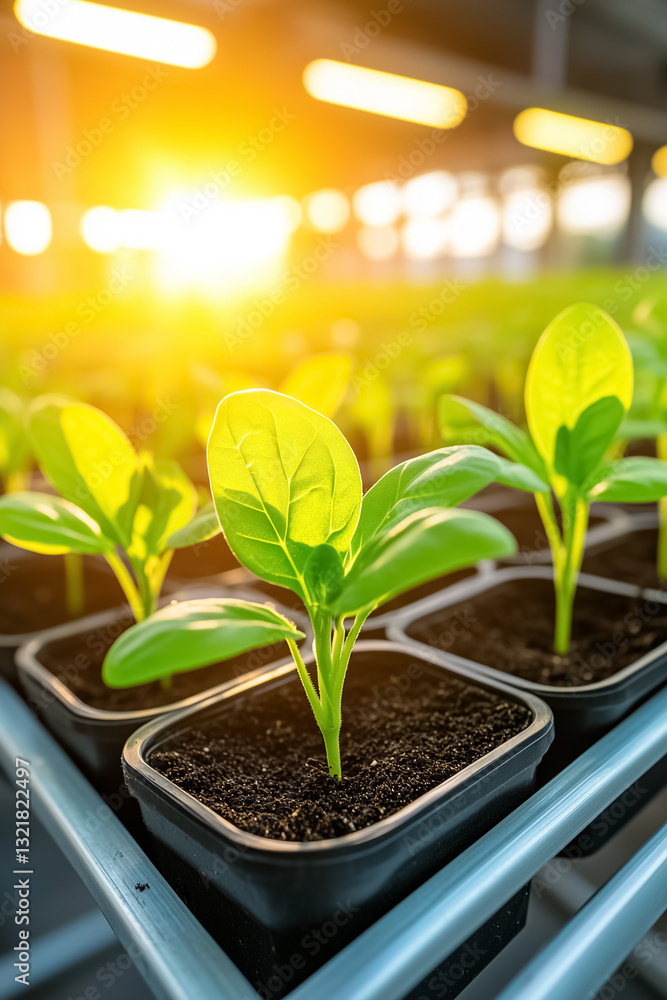 Poster neatly arranged seedlings bask in a warm glow from automated lights within a greenhouse, showcasing 