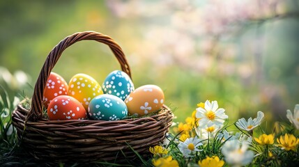 Fototapeta premium A colorful basket filled with decorated Easter eggs sits amidst blooming flowers in a serene, sunny background.