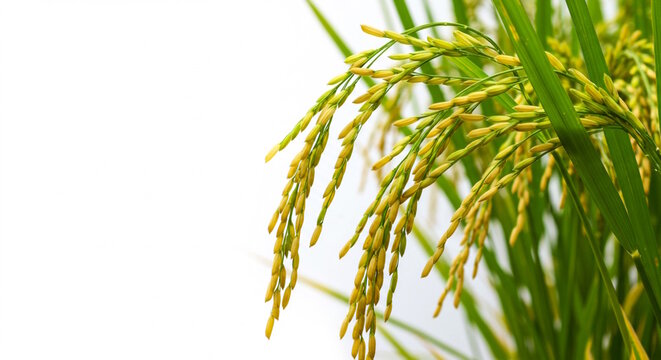 fresh rice ears isolated, known in India various name as jasmine, basmati, sona masoori, white background, copy space