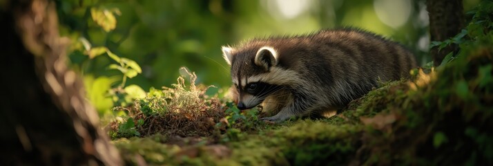 Obraz premium A curious and playful raccoon stealthily foraging through its lush green environment, showcasing the charm of wildlife and the beauty of nature in vibrant light.