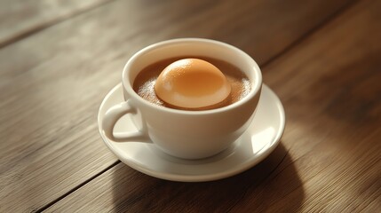 Obraz premium A cup of coffee with a soft-boiled egg floating on top, placed on a wooden table, creating a unique culinary presentation.