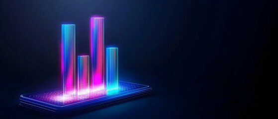 3D Rendered Glowing Neon Bar Graph On Dark Background With Futuristic Digital Grid Visualization Of Data Analysis And Business Growth