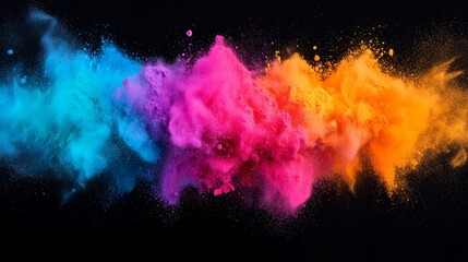 Fototapeta premium A vibrant explosion of colored powder in blue, pink, and orange, set against a black background, creating a dynamic visual effect.