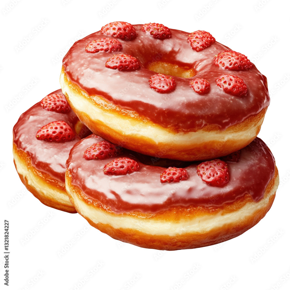 Poster three delicious donuts topped with fresh strawberries and icing displayed on a white plate for a tem
