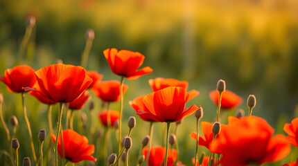 Obraz premium Vibrant red poppies blooming in a sunny meadow at golden hour