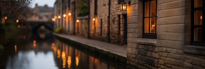 Fototapeta premium A charming canal street adorned with warm lights creates a cozy, enchanting atmosphere, evoking feelings of nostalgia and romantic adventures in serene urban settings.