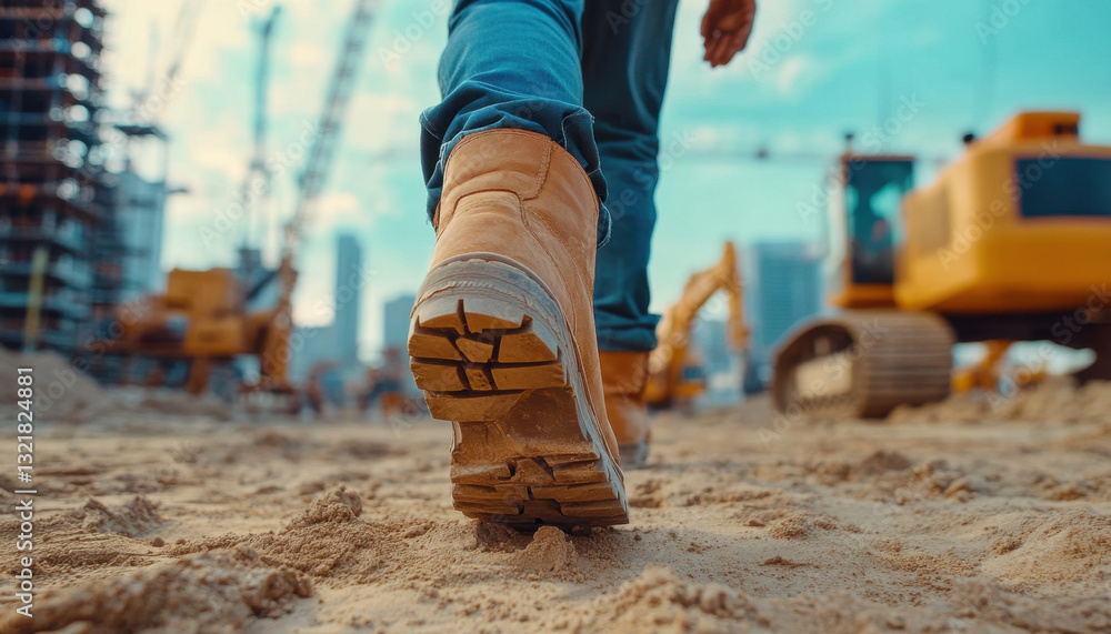 Poster close-up of construction workers in durable boots walking on a construction site with heavy machiner