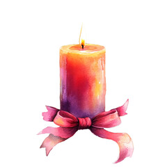 A watercolor painting of a tall candle with a pink ribbon around it.