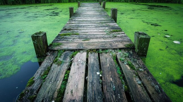An old wooden pier extends over a vibrant green swamp