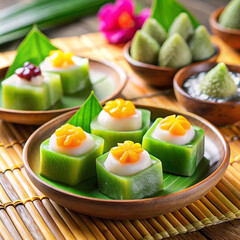 Assorted colorful Thai desserts on plates