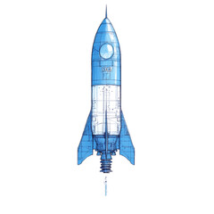 Obraz premium A blue and white blueprint of a retro-style rocket ship.