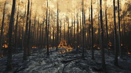 Wildfire engulfs forest nature scene digital art dramatic environment aerial view environmental crisis