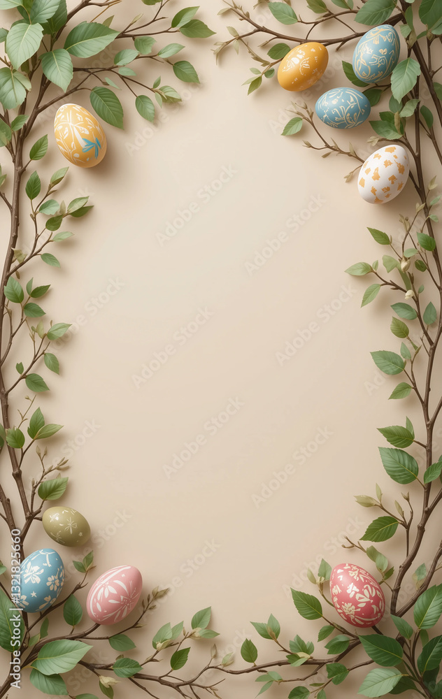 Poster Easter frame with a vertical design, decorated with eggs and branches, leaving an empty space in the center.