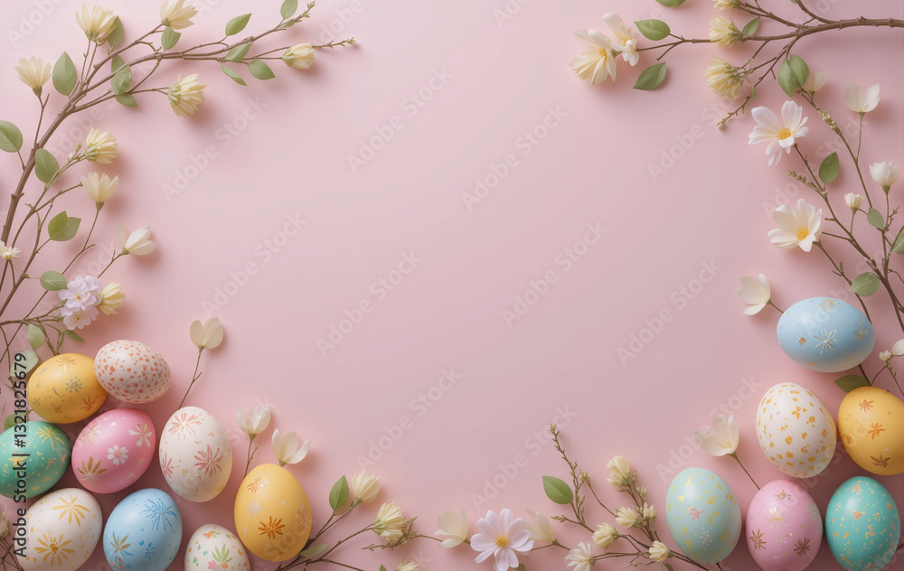 Poster easter frame with a horizontal design, decorated with eggs and branches on a pink background.