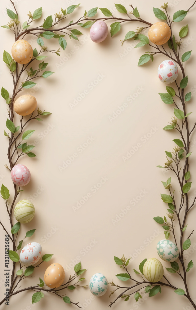Poster Easter frame with a vertical design, beige empty background decorated with eggs and branches.