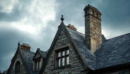 Close-up view of intricate roof design featuring stone chimneys against a dramatic sky, showcasing architectural craftsmanship and materials