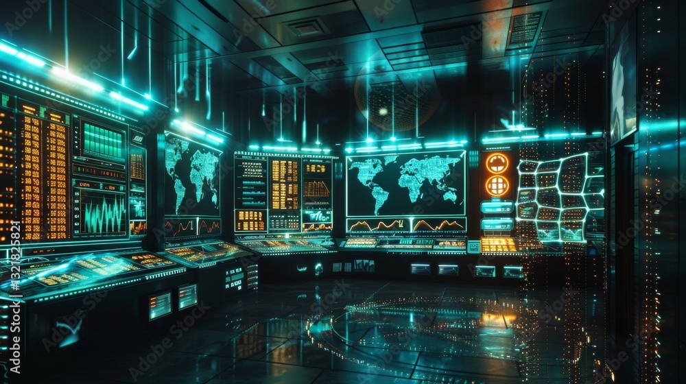 Poster High tech control room features glowing screens and digital maps displaying global data analysis in a dark setting, creating a futuristic atmosphere.