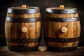 Obraz premium Two antique wooden barrels with metal bands, aged texture, dark background, rustic setting. Perfect for whiskey, beer, or wine advertisements.