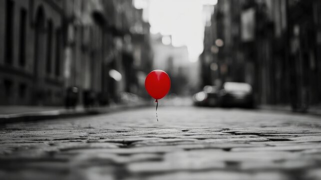 red balloon flying in the middle of a city street in black and white