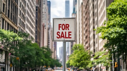 Obraz premium A bold 'For Sale' sign stands out against a bustling urban backdrop.