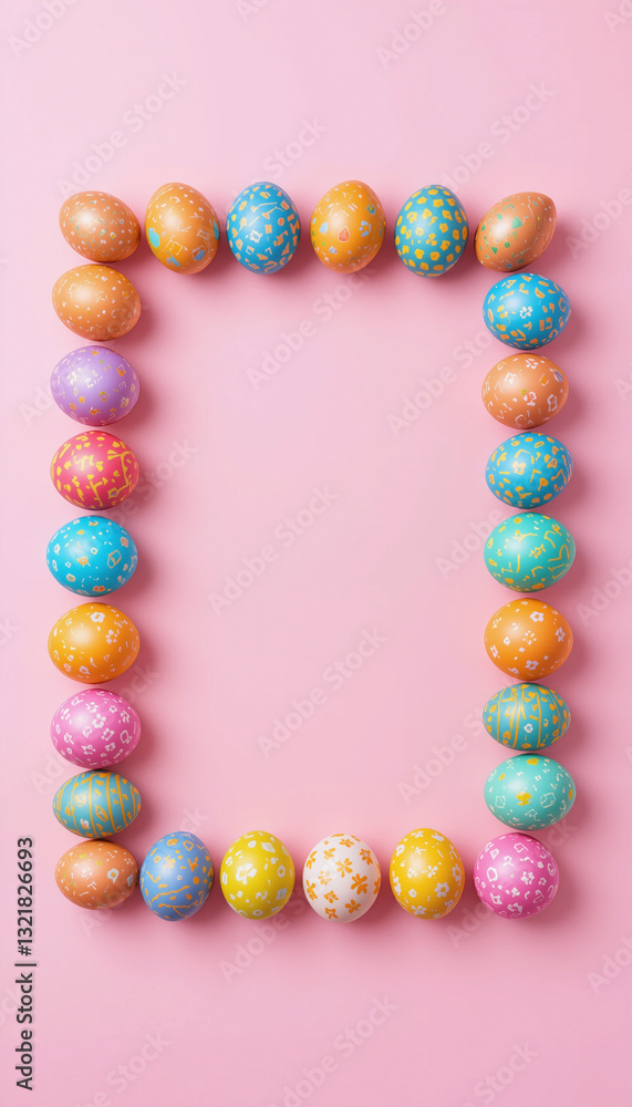 Poster an easter frame with a vertical border of eggs on a pink background.