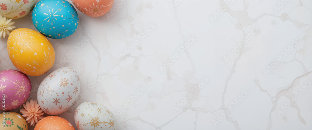 Poster horizontal shape easter template with a partial border of eggs and a light grey marble background.