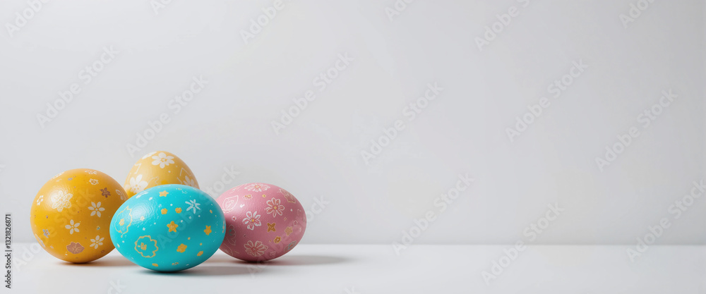 Poster a simple easter design with a cluster of colorful eggs in the corner of a plain background.