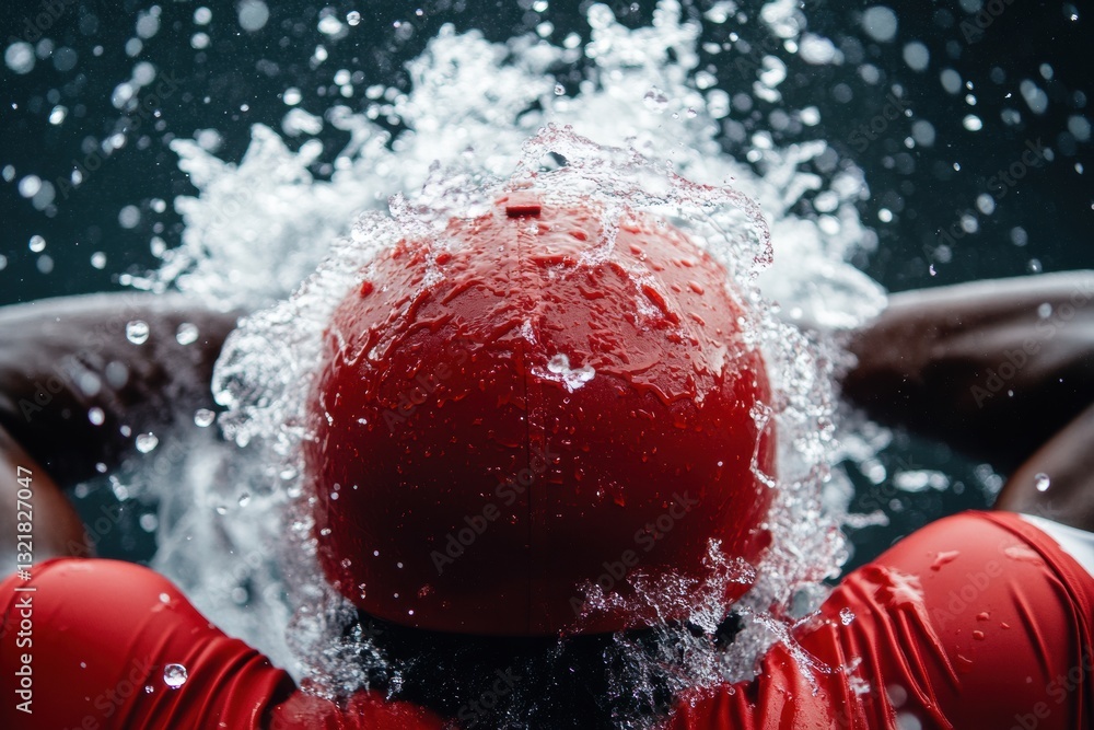 Poster Hyper-Dynamic Impact Explosive Red Sphere Shattering Water Droplets in Ultra High-Speed Cinematic Motion - Visual Innovation and Creative Performance Capture