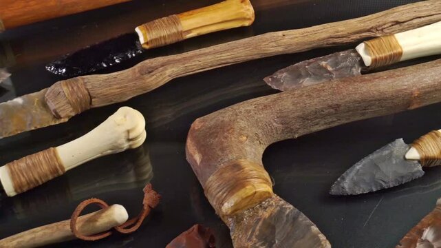 Stone Age Tools on black Background - Stoneage Knives, Axe and Arrows