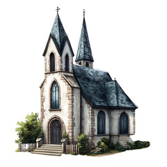 Fototapeta premium A small church with two steeples and a grey roof sits against a white background.