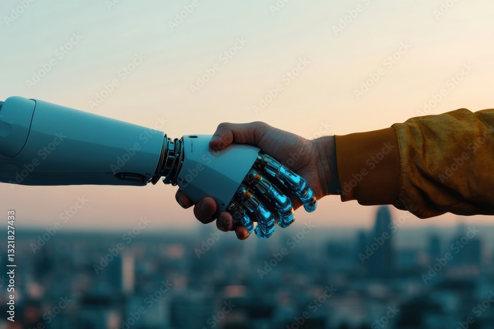 Fototapete Future-Forward AI Collaboration Cybernetic Handshake Visualizing Transformative Human-Machine Synergy in Next-Gen Digital Workplace Innovations
