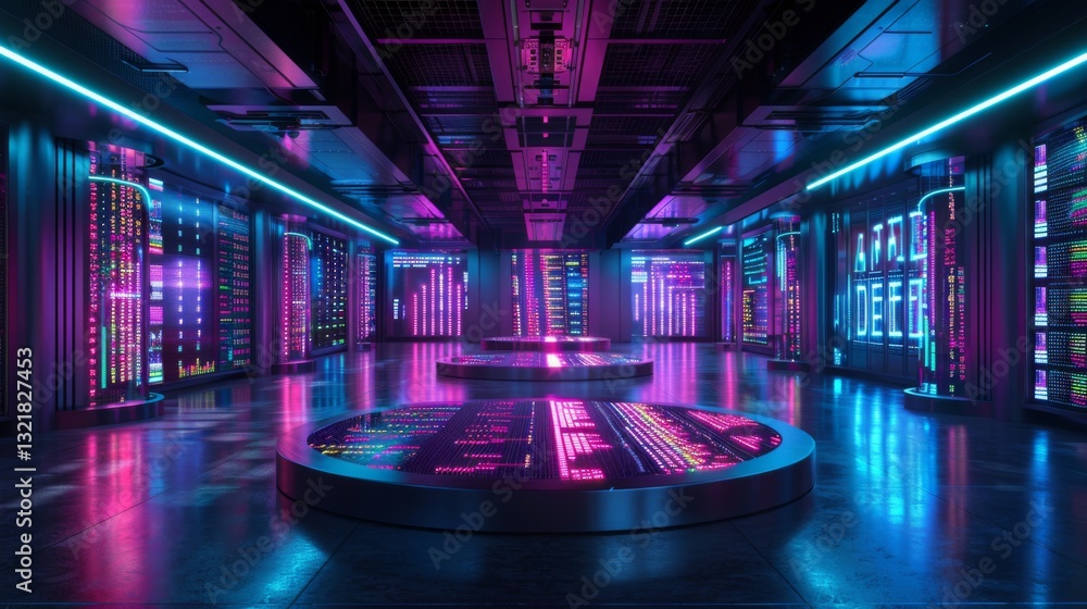 Poster Brightly lit data center showcases towering server racks and glowing digital displays. Neon colors create a dynamic atmosphere, emphasizing state of the art technology.