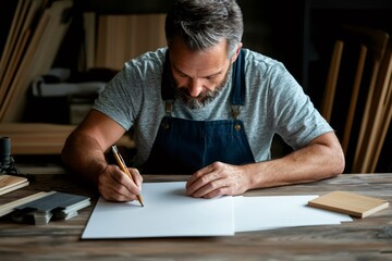 Carpenter drawing sketch in workshop with wood samples