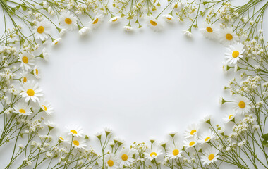 A frame with a border of white daisy-like flowers forming an oval around a white center.