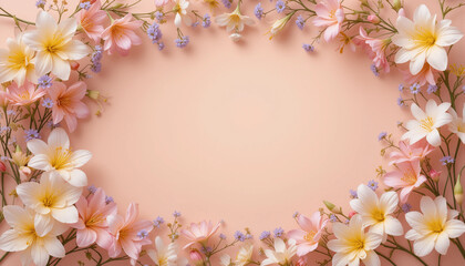 A frame with a border of pink and yellow flowers around a light center.