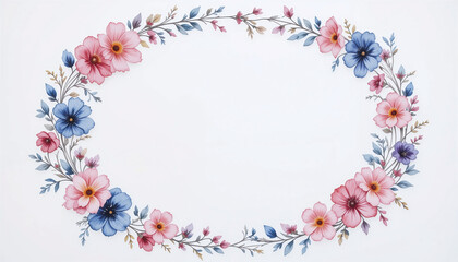 An oval floral frame with watercolor style pink and purple flowers around a white center.