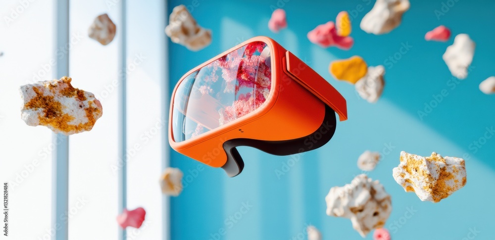 Poster Immersive Mixed Reality Popcorn Experience Dynamic VR Headset with Floating Snacks - Playful Tech Innovation for Gen Z Digital Entertainment and Augmented Sensory Interaction