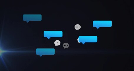 Animation of blue and white chat bubbles floating on dark background