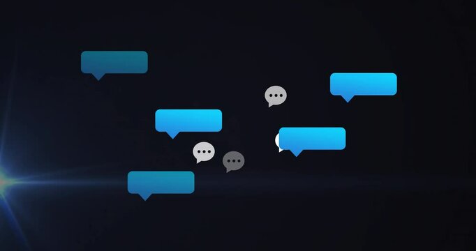 Animation of blue and white chat bubbles floating on dark background