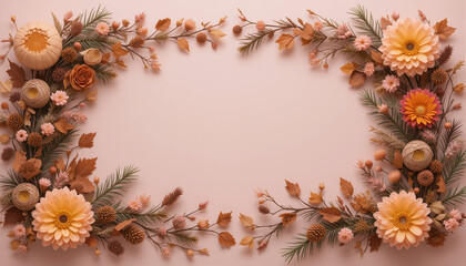 A floral frame with orange flowers and leaves forming a border around a light pink center.