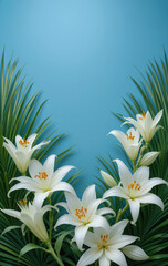 A vertical floral frame with white lilies and green leaves on a light blue gradient background.