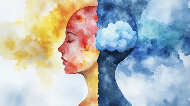 Watercolor illustration of bipolar disorder  a symbolic representation of mental health connection