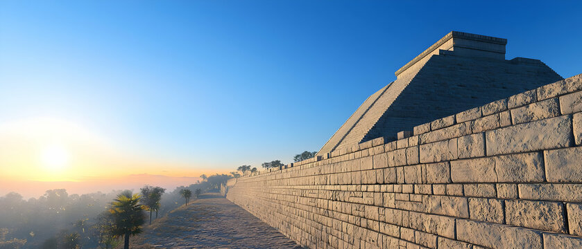 Majestic Ancient Stone Pyramid At Sunset With Dramatic Sky and Lush Jungle Landscape