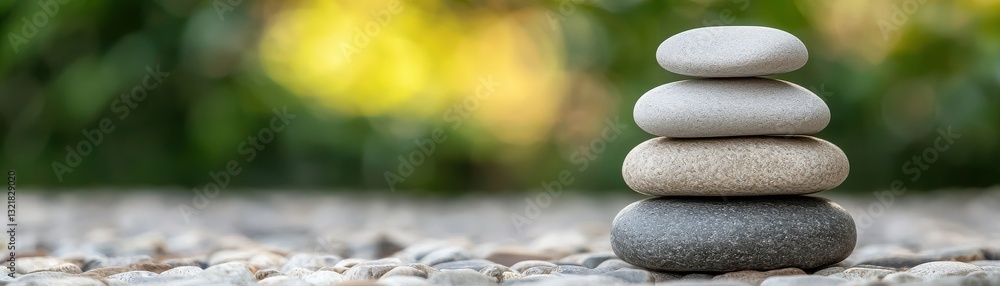 Poster a serene stack of pebbles resting on a smooth surface, symbolizing balance and tranquility in a natu