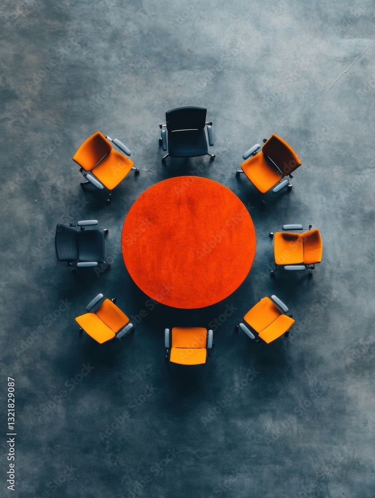Aufkleber Dynamic Collaboration Hub Minimalist Circular Meeting Space with Bold Orange Accent - Innovative Workspace Design for High-Performance Team Engagement and Creative Problem-Solving