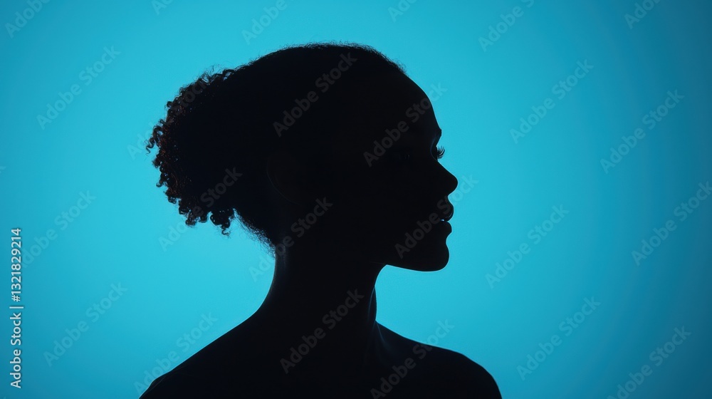 Poster a silhouette of a person against a blue background, emphasizing profile features and creating a stri